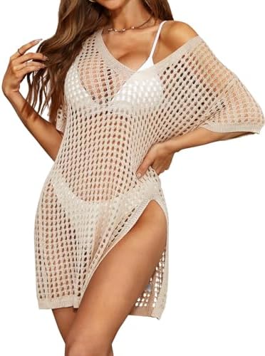 SOCIALA Swimsuit Cover Up for Women Side Split Crochet Coverup Short Sleeve Swim Dress Mesh Bathing Suit
