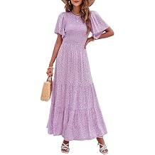 ZESICA Women's 2026 Summer Boho Floral Maxi Dresses Casual Short Flutter Sleeve Smocked Tiered Flowy Dress