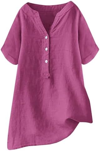 Womens Summer Linen Shirts Plus Size Casual Gauze Tops Cotton Henley Short Sleeve Blouses Button V Neck Tunic Tshirt