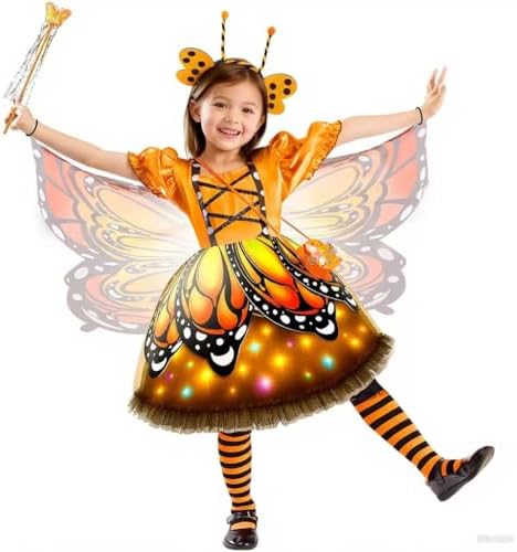 Kids Butterfly Costume for girls with LED Wings, Sparkly 3-Layer Fairy Dress, for HalloweenAge 3-11