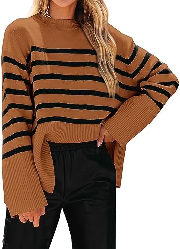 KIRUNDO Womens Striped Knit Oversized Fall Sweaters 2026 Trendy Clothes Crewneck Winter Pullover Sweater Side Split