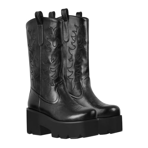 Onlymaker Knee High Platform Boots for Women Chunky Heel Embroidered Butterfly Western Cowboy Cowgirl Boots