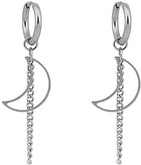 Crescent Moon Tassel Chain Dangle Drop Huggie Hoop Earrings for Women Men Stainless Steel Charms Dangling Minimalist Small Hoop Cartilage Fashion Unique Jewelry