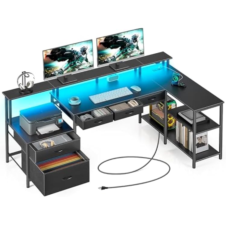 Seventable L Shaped Desk with File Drawers, 64 Home Office Desk with Power Outlet & LED Lights, Reversible Gaming Desk with Printer Storage Shelves, Corner Computer Desk with Monitor Stands, Black