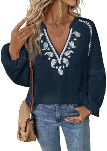 Women Mexican Shirts Embroidered Tops Traditional Fall Fashion Blouse Floral Tunic V Neck Lantern Long Sleeve T Shirt