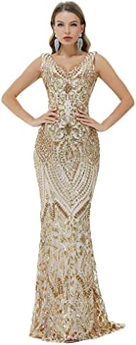 Datangep Women Sequinsd V Neck Mermaid Evening Dresses Sleeveless Bridesmaid Dress Formal Party Prom Gowns