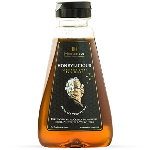 Honeylicious Greek Honey 16 Oz - Pure & Organic Raw Honey | Cretan Island Wildflower Honey with Organic Thyme, Pine Tree and Wild Herbs | Unpasteurized Raw Organic Honey in Squeeze Bottle 468g