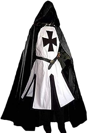 Mens Medieval Crusader Knights Templar Tunic Cape Costumes Renaissance Halloween Surcoat Warrior Black Plague Cloak Cosplay Top (Black, Large)