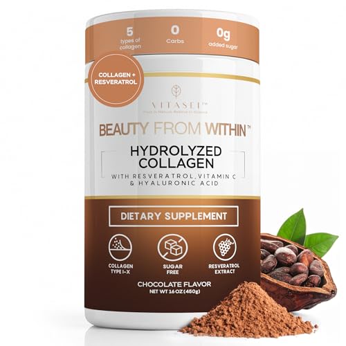VITASEI Hydrolyzed Collagen Peptides Powder with Resveratrol & Vitamin C Hair, Skin, Nails & Joint Support Colageno Hidrolizado for Women & Men Delicious Chocolate Flavor, 16 oz 30 Servings
