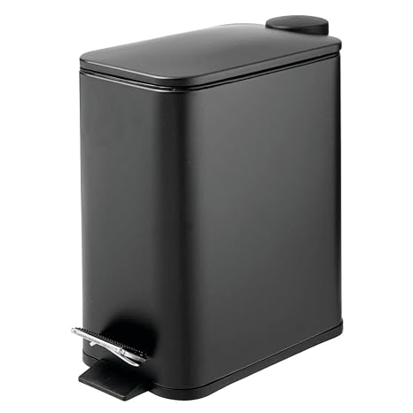mDesign Slim Metal Rectangle 1.3 Gallon/5 Liter Trash Can with Step Pedal, Easy-Close Lid, Removable Liner - Narrow Wastebasket Garbage Container Bin for Bathroom, Bedroom, Kitchen - Black