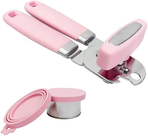 Manual Can Opener, Handheld Tin Opener Cork Screw, Easy Turn Knob, Built in Bottle Opener, Hangs for Convenient Kitchen Storage, Easily Open Tin Cans, 2 Silicone Lid Cover for Can, Pink