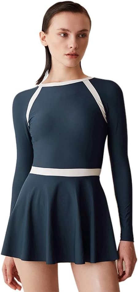 Women's Navy One Piece Skirt Swimsuit Long Sleeve Ladies Floral Elegant Tummy Control Swimwear Dress with Zipper