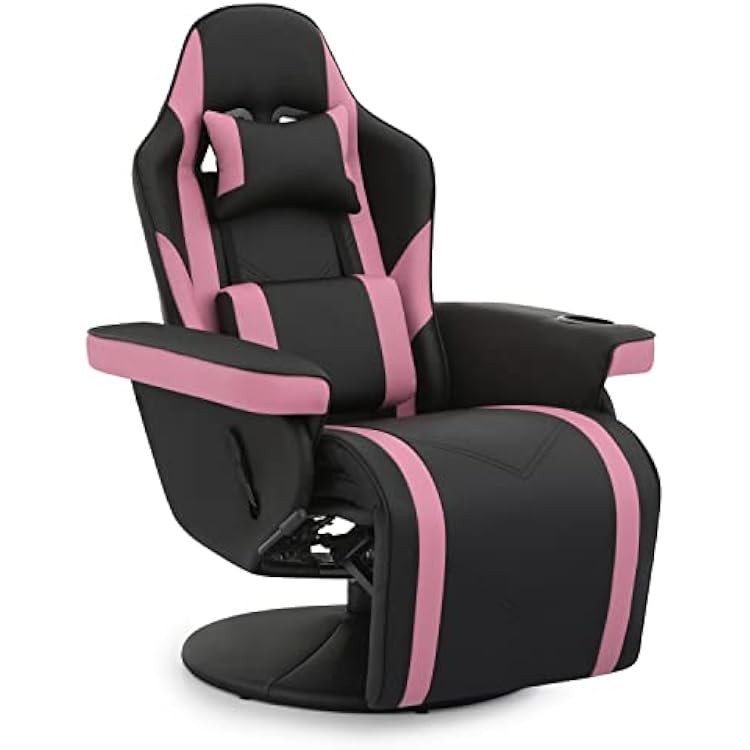 MoNiBloom Gaming Recliner Chair Ergonomic Adjusted Reclining Video Gaming Single Sofa with Lumbar Support and Retractable Footrest, PU Leather Theater Seating Gaming Couch with Cup Holder, Pink