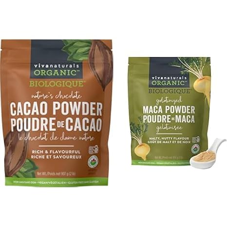 Viva Naturals Organic Cacao & Maca Powder Bundle2lb Cacao Powder+1lb Gelatinized Maca Root PowderUnsweetened, Peruvian Superfoods for Baking, Smoothies & Energy-Vegan,Keto,Paleo,Gluten-Free,Non-GMO