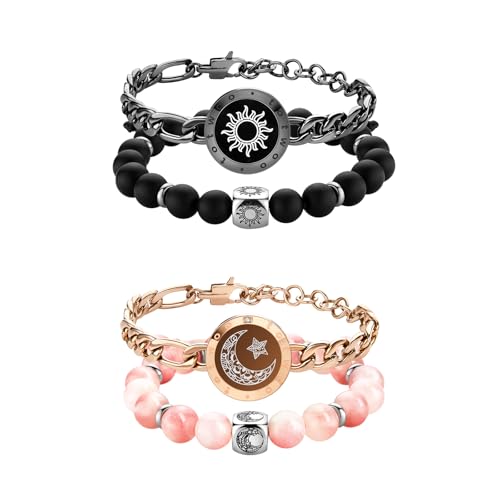 Bracelet Stacking Set: Smart Touch Bracelet with Stylish Non-Smart Beads, Long Distance Touch Bracelets for Couples, Nature Stone Bead Bracelets with Adjustable Rope, Modern Jewelry Gift for Women Men