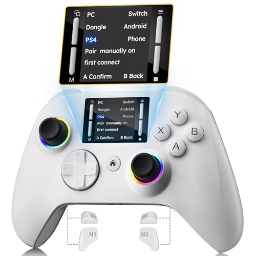 Interactive Screen Wireless Gaming Controller for PCPS4 SwitchAndroidiOS, 4 Programmable Buttons, Turbo, 6-axis Gyro, Dual Vibration, RGB Lighting, Share, Screenshot, 1000mAh, Wake-up White