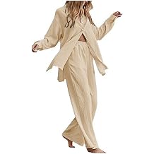 Linen Set for Women Summer 2 Piece Outfits Long Sleeve and Pants Set Casual Loungewear Sets Button Down Shirts Set