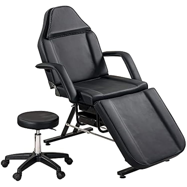 Tattoo Bed Tattoo Chair Massage Salon with Two Trays Esthetician Bed with Hydraulic Stool,Multi-Purpose 3-Section Facial Bed Table White  PU