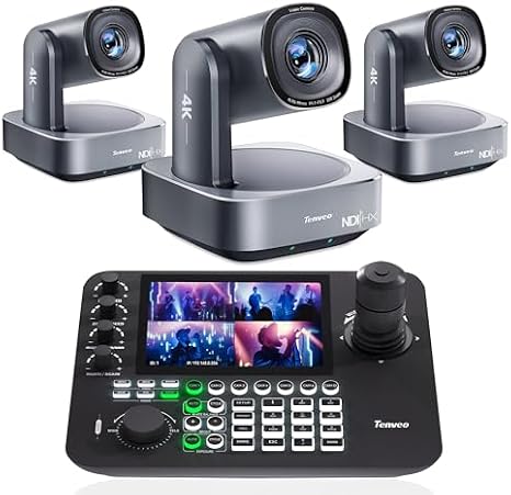 Tenveo 4K PTZ Camera and Controller Bundle/Kit - 4K NDI 6 & NDI HX3 PTZ Camera(3PCS) with 20X Zoom AI HDMI/USB3.0/LAN(PoE) and 7" LCD Quad-Screen 4D Joystick NDI PTZ Controller Kit for Live Streaming