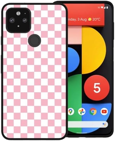 Phone Case for Google Pixel 5, Pink White Grid Plaid Checkered Checkerboard Regular Lattices Cute Shockproof Protective Anti-Slip Soft Cover Shell