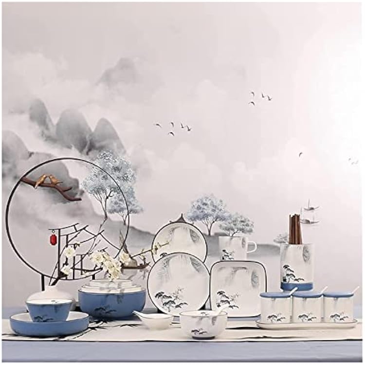 Dinnerware Sets Dish Set,56 Pcss,Bone China Porcelain Tableware Set with Plates Bowls and Dish,Chinese Ink Style Ceramic Dinner Set
