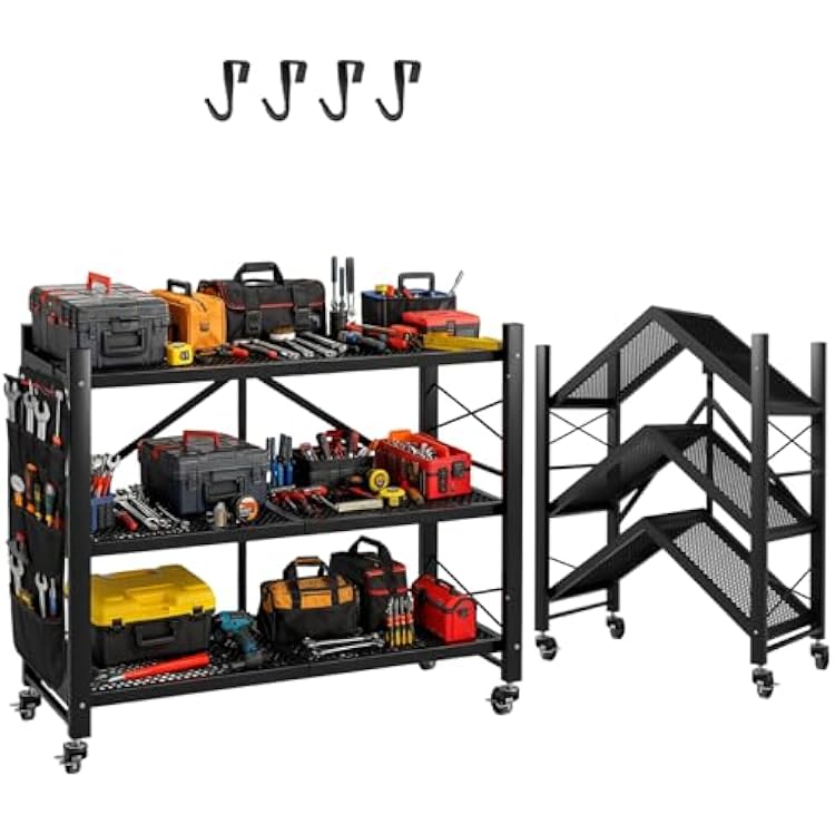 3-Tier Folding Storage Shelves, Heavy Duty Garage Shelving Unit, Adjustable Metal Standing Storage Rack Shelf, No Assembly Wire Shelving Organizer with Wheels for Kitchen Pantry Warehouse