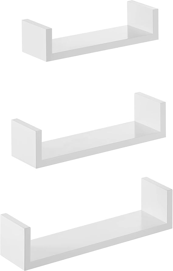 Songmics Wall Shelves, Set of 3, U Shaped Floating Shelves, Very Glossy Surface, Creative Ideas, Storage Shelf Made from Mdf, White Lws40Wt