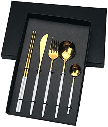 Silverware Flatware Set, 5/20/30/40/50/60 Piece Portuguese Cutlery Flat Handle Stainless Steel Knives, Forks, Spoons And Chopsticks(White Gold,60 Piece set for 12)