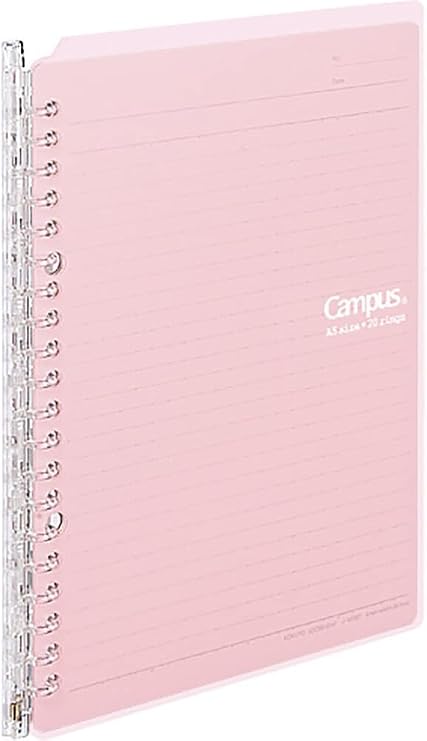 Kokuyo Smart Ring Binder, A5 Light Pink Binder Notebook, Up to 25 Sheets | Campus Refillable Notebook 20 Holes with 10 Extra Loose-Leaf Paper in 6mm Dot Ruled Japanese Slim Binder for Work & Study