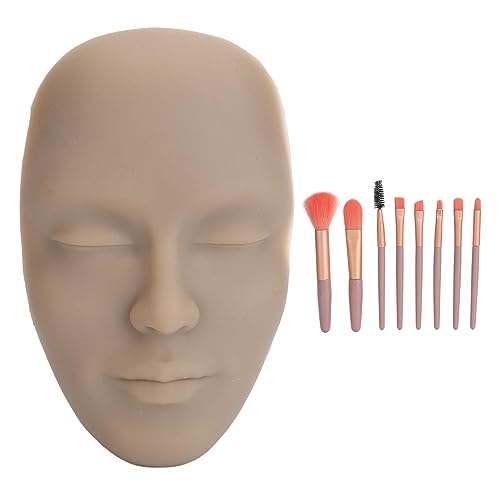 Semme Makeup Practice Face, Silicone Makeup Practice Board, Makeup Practice Face Kit 3D Real Full Face Practice Broad 8pcs Makeup Brush Reusable Mannequin Cosmetic Practice Tool Dark