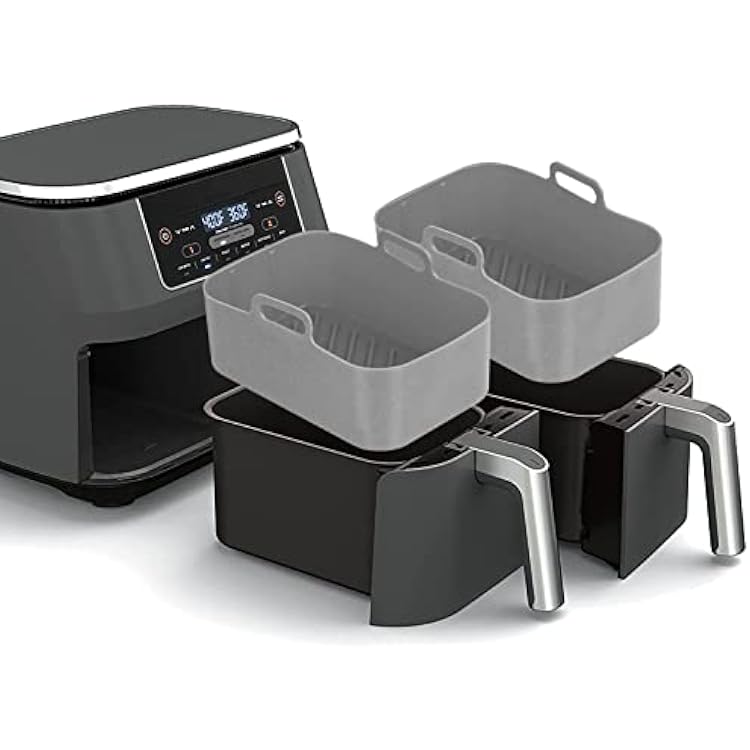 Ferenu 2pcs Air Fryer Silicone Pot for Ninja Foodi Dual DZ201 | Reusable Liner Rectangle Basket 8 QT Easy Cleaning Food Safe Accessories Gray
