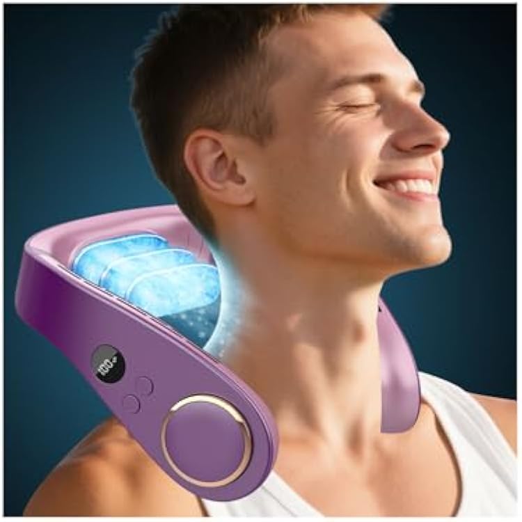Neck Fan Air Conditioner,Cute Neck Cooling Fan with Metal Cool Plates,Quiet Wear around the Neck Fan,Headphones Long Life Neckband Unit Menopause Fan for Hot Flash Outside Outdoor Indoor Purple
