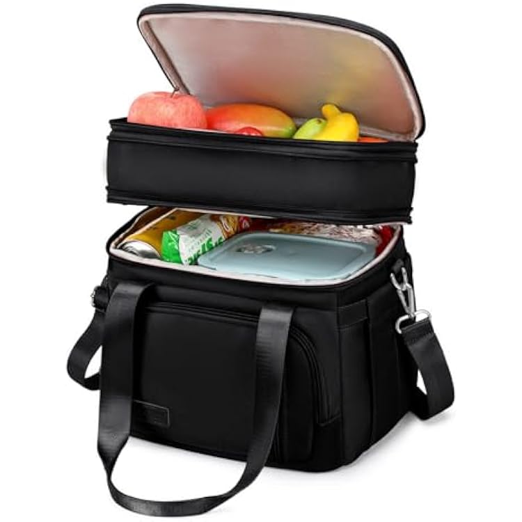 Lunch Box for Men Women - Double Deck Insulated Lunch Bag, Large Leak Proof Tote Cooler, Wide Open Dual Compartment Lunch Bags with Shoulder Strap, For Work Picnic Hiking Beach, Black