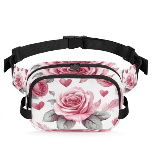 Pink Rose Heart Fanny Packs for Men Women Waist Bag with Adjustable Belt Crossbody Bum Bags for Travel Sports Casual Cycling Running