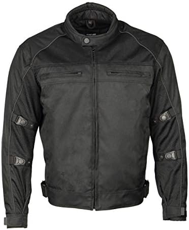 M Boss Motorcycle Apparel BOS11703 Mens Black Nylon and Mesh Motorcycle Racer Riding Jacket with Reflective Piping