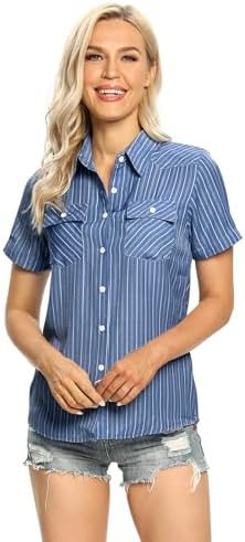 Women's Lightweight Short Sleeve Button Down Denim Chambray Shirt Casual Summer Tops Collared Blouse Striped Blue L
