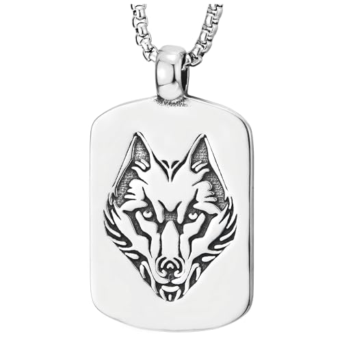 COOLSTEELANDBEYOND Mens Steel Dog Tag Wolf Head Pendant Necklace, Norse Viking Amulet Wolf, 30 inches Wheat Chain