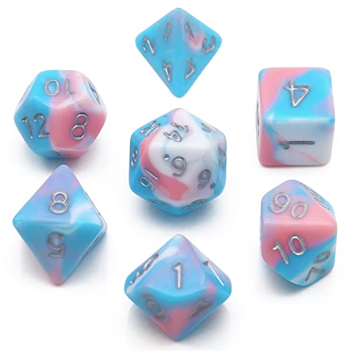 PJOY DND Dice Set 7PCS Blue Pink White D&D Polyhedral Dice with Velvet Dice Bag for Role Playing Dice Games Compatible with Dungeons and Dragons Pastel Paradise