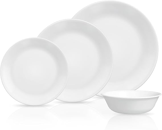 Corelle Vitrelle 8-Piece Service for 2 Dinnerware Set, Triple Layer Glass and Chip Resistant, Lightweight Round Plates and Bowls Set, Winter Frost White