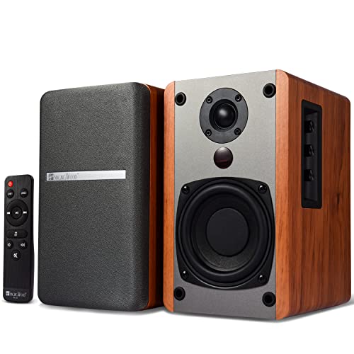 SINGING WOOD BT25 Powered Bluetooth Bookshelf Speakers, RCA Inputs & BassTreble Control for Home Theater and Gaming, 60 Watts - Beach Wood