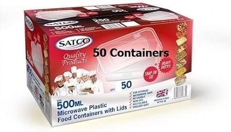 PNW Microwave Plastic Food Takeaway Heavy Duty Satco Containers with Lids 500ml (Pack of 50) (C500)