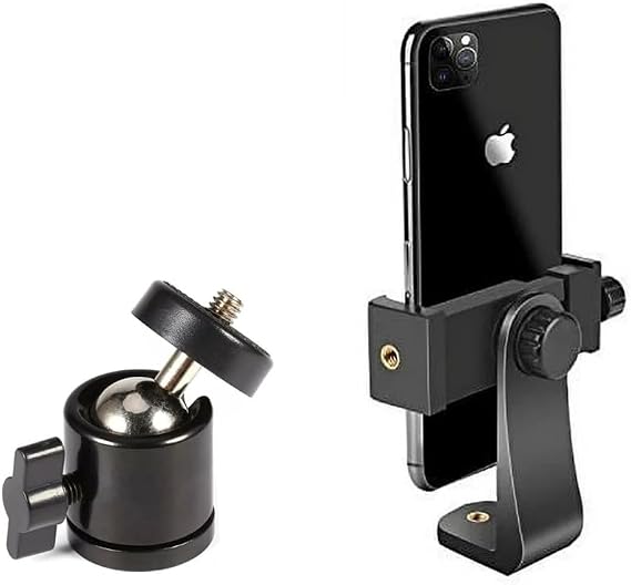 Coverzone Phone Tripod Holder Head + Tripod 90° Routing Apparatus 360 Degree Rotatable Headboard Compatible with All Tripods Metal Joint Apparatus P231 (P231 phone holder + Joint)