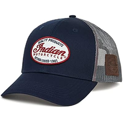 Indian Motorcycle Mens Script Patch Trucker Hat, Blue, One Size, Regular Fit, Snapback, Breathable Mesh, Embroidered Patch, Adjustable - 2861678,Blue
