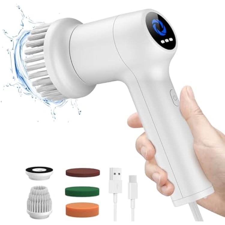 Electric Spin Scrubber Cordless Tub and Tile Scrubber, Shower Scrubber for Cleaning with 5 Replaceable Heads, Scrub Brush Cleaner for Bathroom Floor Window Kitchen Sink Dish Pot
