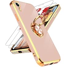 LeYi for Samsung Galaxy A35 Phone Case: with Tempered Glass Screen Protector [2 Pack] 360 Rotatable Ring Holder Magnetic Kickstand, Plating Rose Gold Edge Samsung A35 5G Case, Pink
