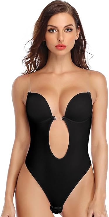 SHAPERIN Women's Backless Body Shaper Bra U Plunge Low Back Thong Shapewear Deep V Full Body Bodysuit