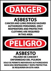 NMC ESD95PB Bilingual OSHA Sign, Legend "Danger - Asbestos Cancer and Lung Disease Hazard Authorized Personnel ", 10" Length x 14" Height, Pressure Sensitive Adhesive Vinyl, Black/Red on White