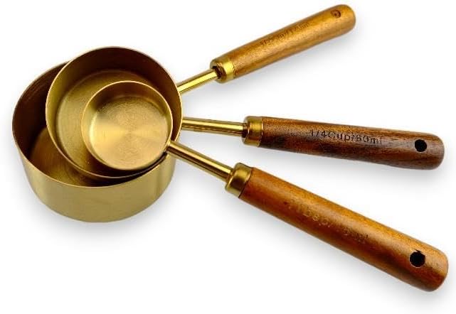 Digithome 3’lü Ahşap Saplı Çelik Ölçü Kaşığı Seti Kahve Çay Ölçü Kabı 125 Ml 60 Ml ve 15 Ml Gold C1-1-289