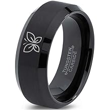 Butterfly Flying Insect Flower Ring - Tungsten Band 8mm - Men - Women - 18k Rose Gold Step Bevel Edge - Yellow - Grey - Blue - Black - Brushed - Polished - Wedding - Gift Dome Flat Cut