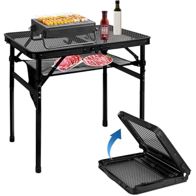 MSDADA Folding Grill Table, Height Adjustable Aluminum Table with Mesh Desktop and Mesh Bag, Portable Grill Table for Outdoor Camping, Picnic, Patio, Dining, BBQ, Party, Black, 23.615.7 inch